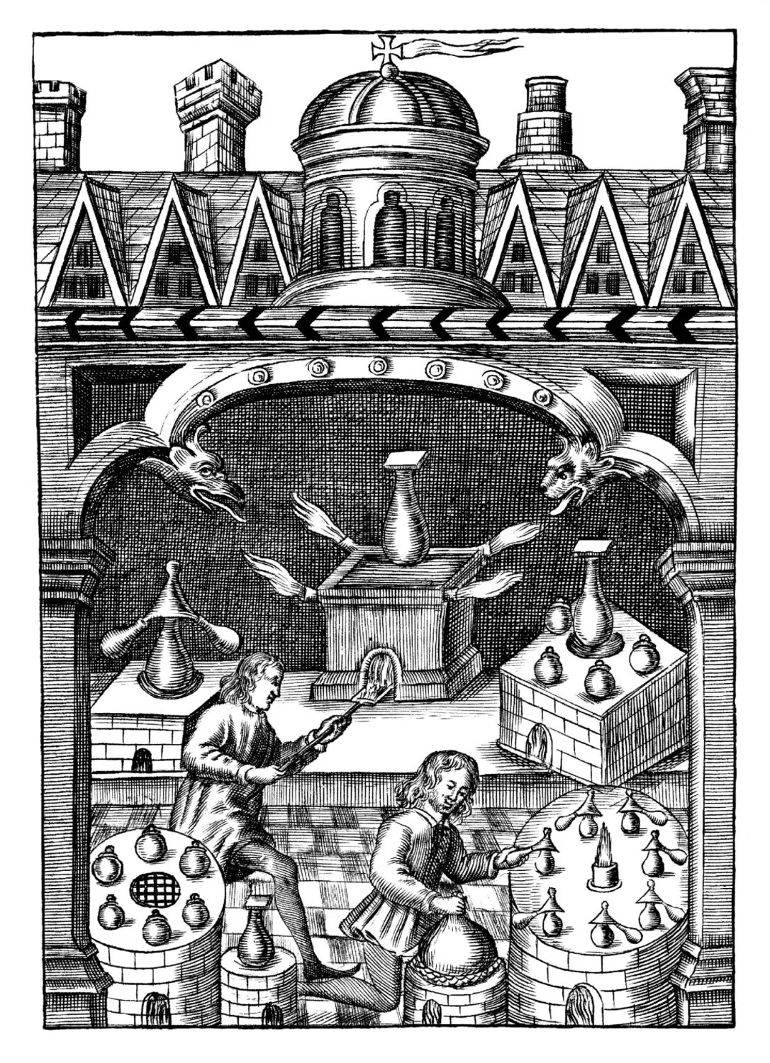 An alchemical laboratory: furnaces, alembics, and bellows at work, early modern woodcut.