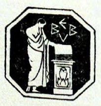 The publisher's device of Ernst Bircher: a robed figure at an altar inside an octagon, with the letters E B V B