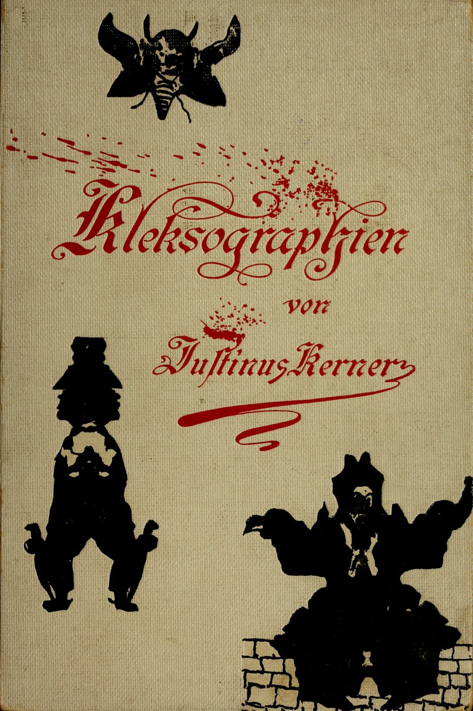 The cloth cover of the 1890 printing: the title in red script over grey cloth, splashed with red ink, with two black ink-blot figures and a third standing on a drawn wall