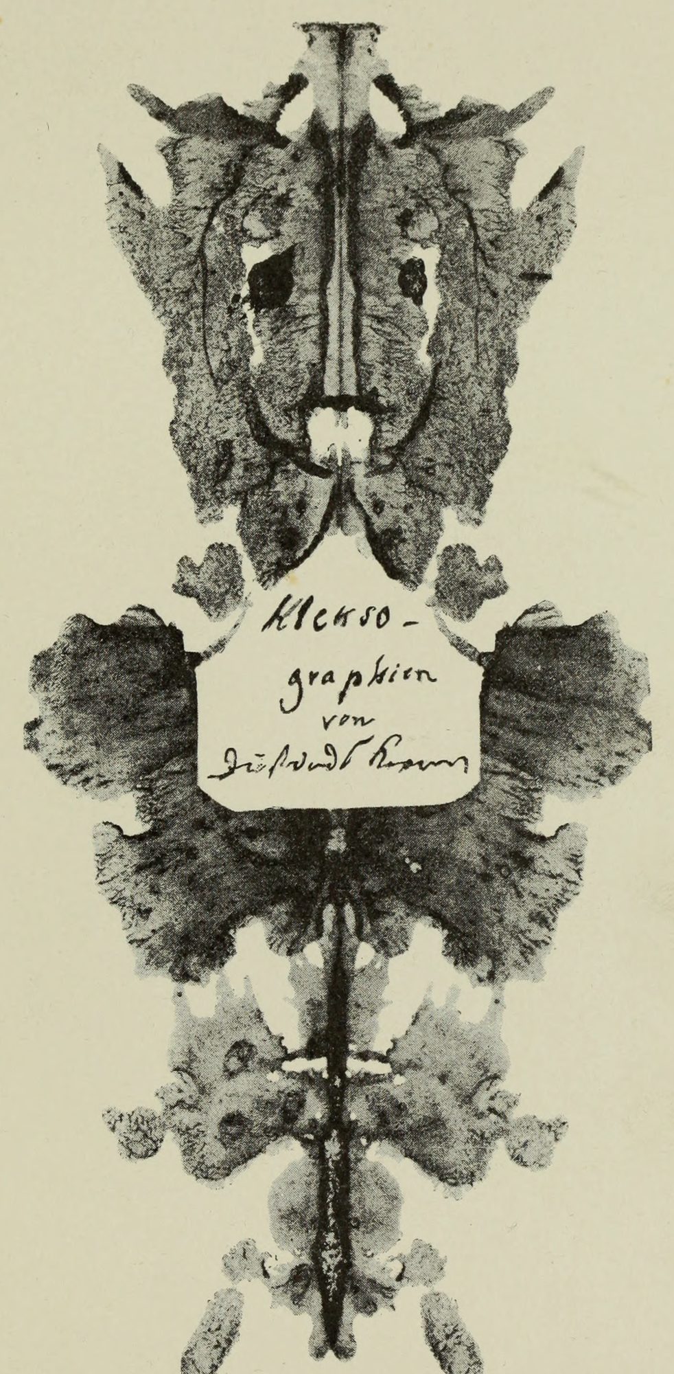Frontispiece: a tall symmetrical ink blot with a white label at its centre, on which Kerner has written the title by hand