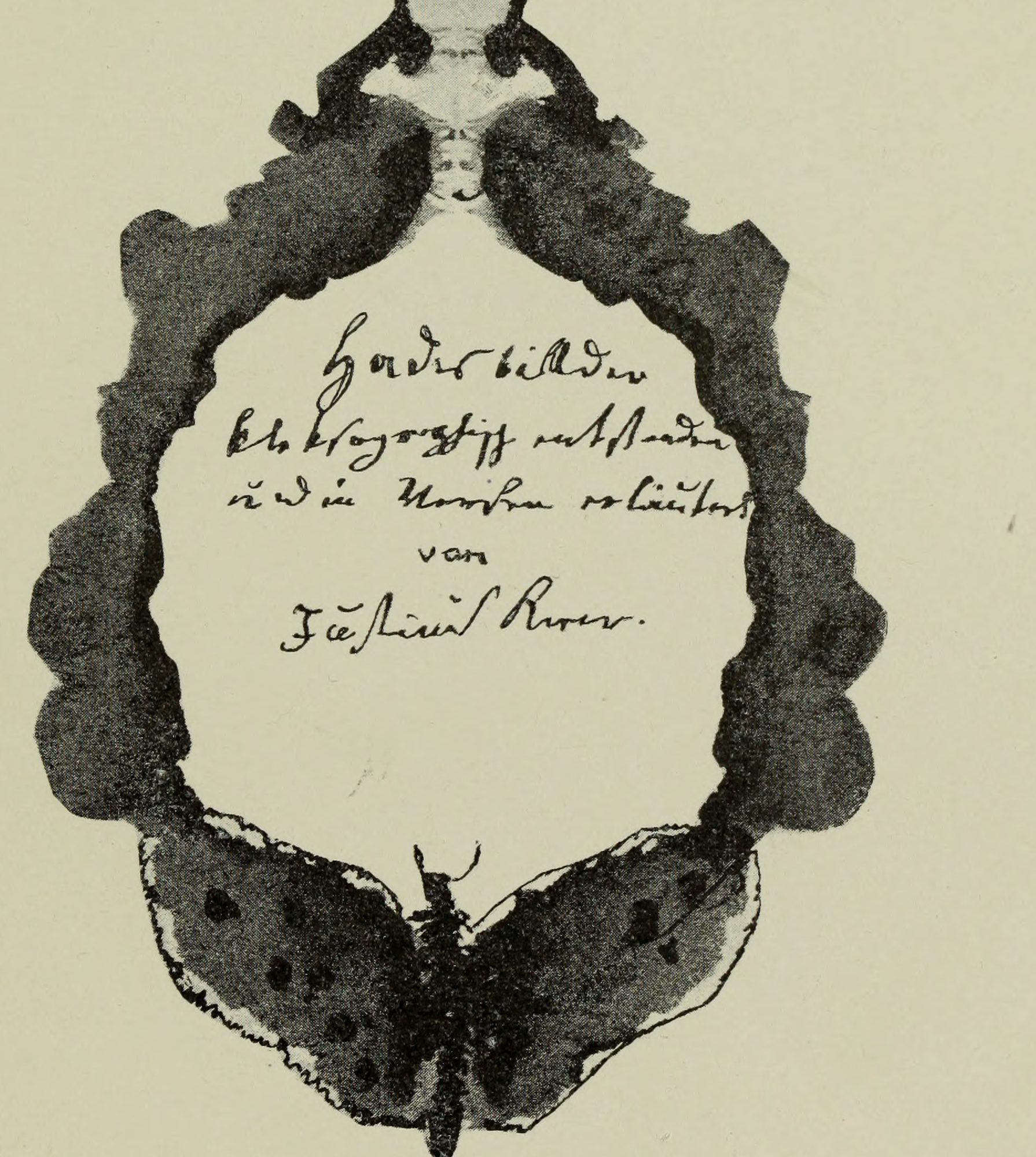 A wreath of ink with a moth at its foot; inside it, Kerner's handwritten title for the pictures