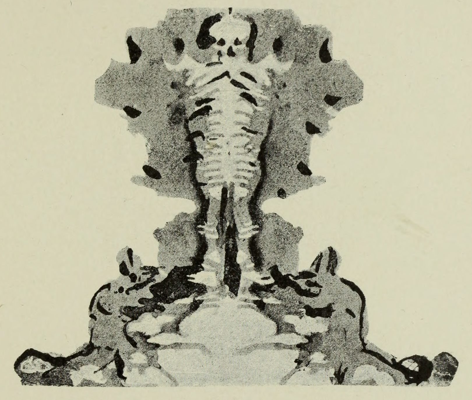 A pale skeleton rising out of a grey blot, dark spots about its head and limbs