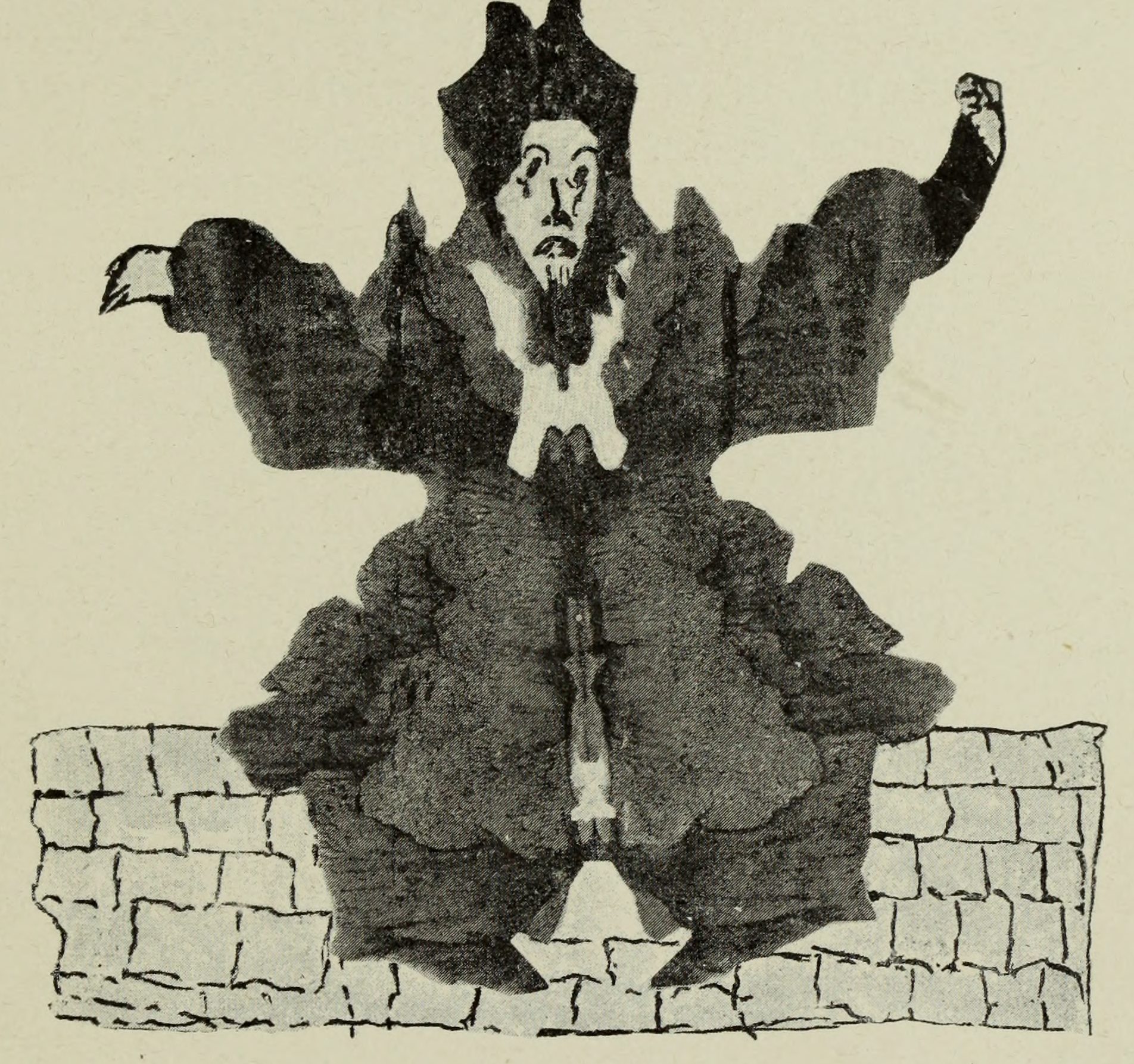 A bearded man in a dark robe flinging up his arms, seated on a wall drawn in outline