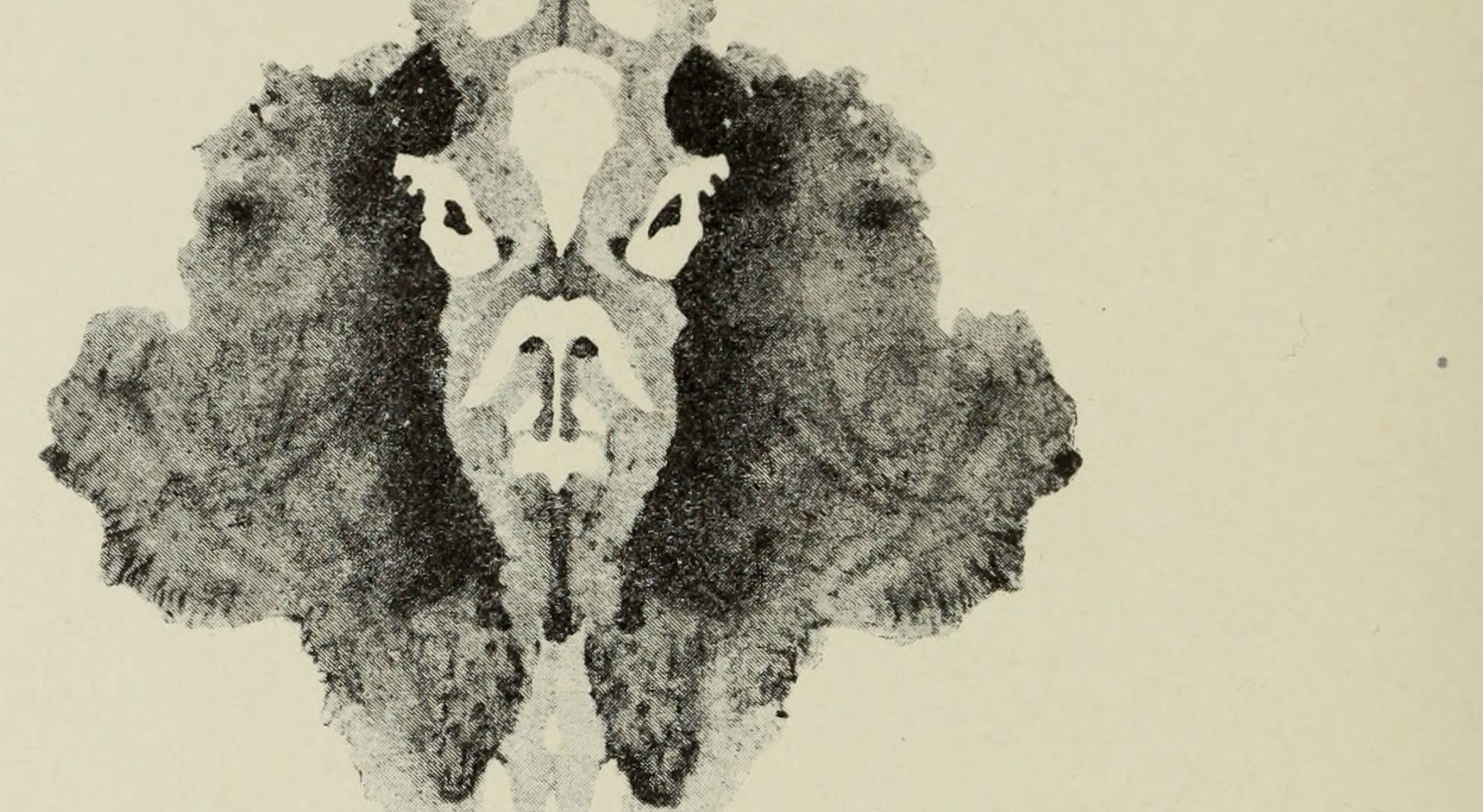 A cat's or devil's face, pale snout and eyes in a dark grey mass