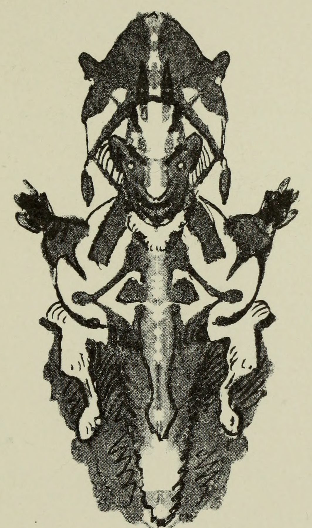 A horned devil's head over a coiled body, small pale human figures clinging at either side