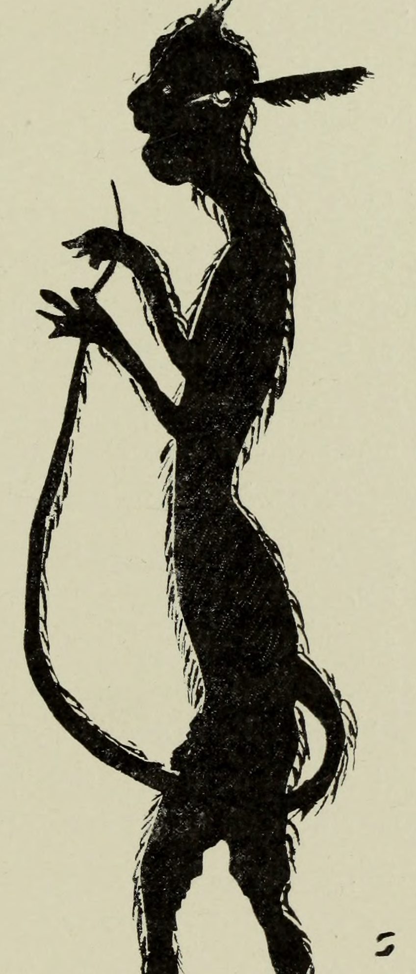 A solid black silhouette of a horned, tailed devil in profile, standing upright, a quill in one hand